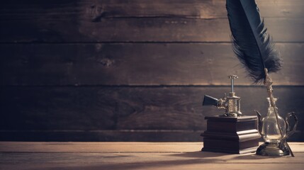 Vintage Desk Featuring Feather Quill and Inkwell, Warm Side Lighting, Blurred Wooden Background, Nostalgic Study Environment