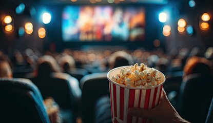 A hand holds a popcorn bucket in a darkened cinema watching a glowing screen