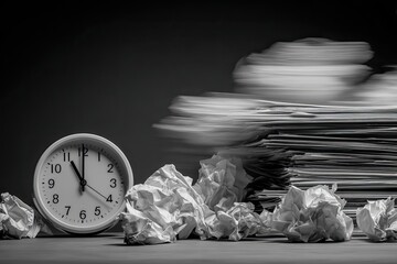 Clock showing nearly noon next to a blurred, fast-growing stack of paper