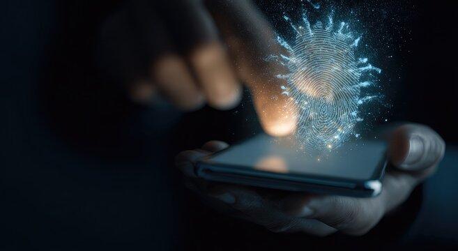 Fingerprint on phone screen projecting a virus-like digital entity - Powered by Adobe
