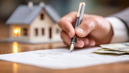 Naklejka premium Hand signing real estate contract with miniature house and cash nearby
