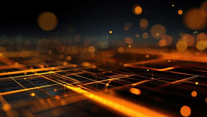 Abstract golden lines and glowing orbs on a dark, blurred background