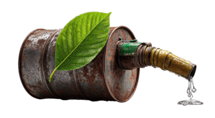 Rusty barrel with green leaf and spout dispensing liquid, eco-friendly fuel concept