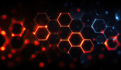 Glowing hexagonal grid with red and blue light on black
