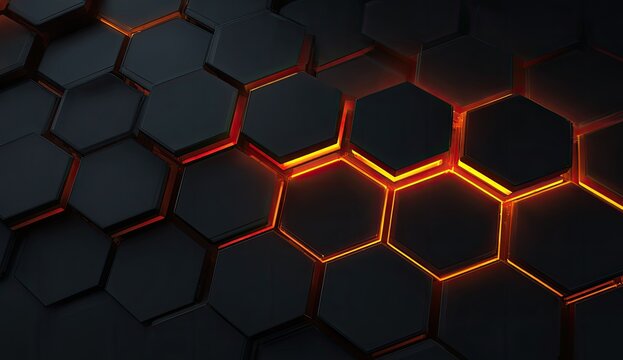 Dark hexagonal pattern with glowing orange light emanating from crevices - Powered by Adobe