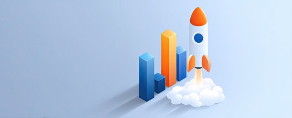 Isometric rocket launching above rising bar graph on light blue background