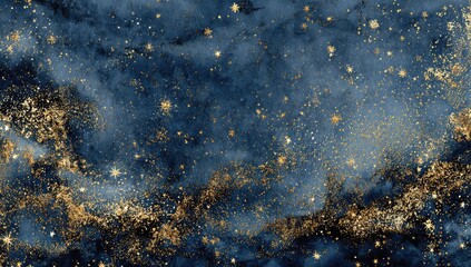 Deep navy blue textured background with scattered golden star-like sparkles