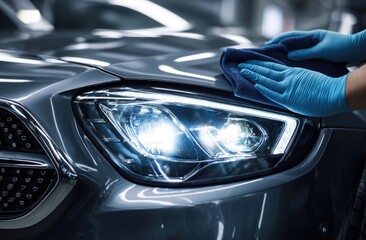 Gloved hands polish a car's sleek, illuminated headlight with a dark blue cloth