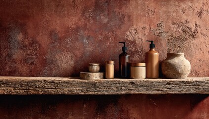 Rustic shelf with earthen tone bottles and pottery against textured wall