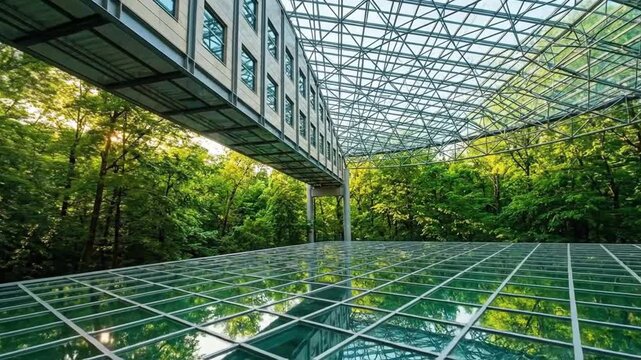 Futuristic Glass Architecture with Reflective Floor and Suspended Walkway Immersed in Lush Green Forest, Blending Modern Design with Nature