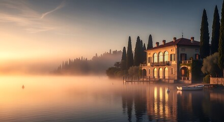 Fototapeta premium Serene Lakeside Villa Scene at Dawn with Tranquil Fog and Boat