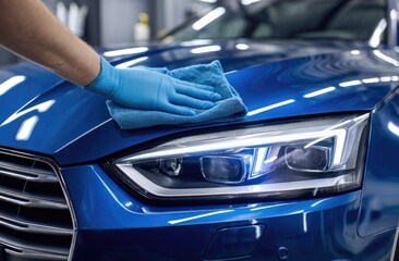 Blue car being polished by a gloved hand with a microfiber cloth