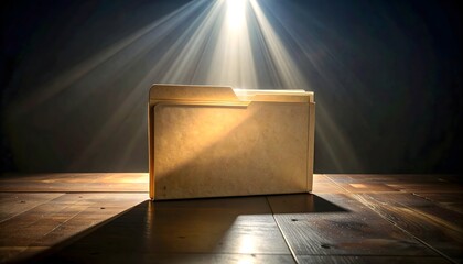 Plain manila folder on a dark desk with a crisp keyhole-shaped beam of light centered