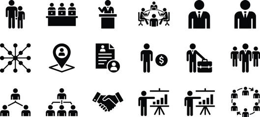 A professional collection of black silhouette icons featuring human resources management leadership teamwork business meetings