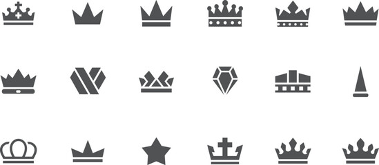 A professional collection of gray royal crown icons and luxury symbols featuring various tiara designs a diamond gemstone © Mst