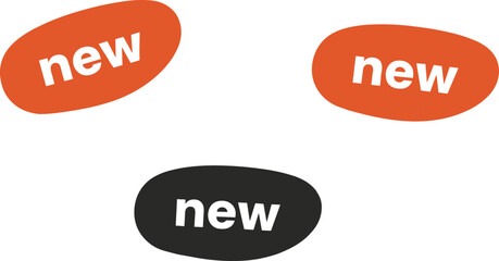 A set of three modern flat design stickers featuring the word new in white typography on organic red and black oval shapes isolated on white background. © Mst