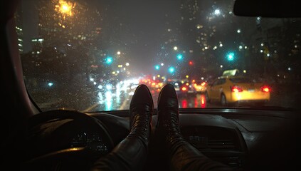 Feet up on dashboard at night, driving through wet city streets with blurred lights