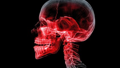 X-ray of a human skull and spine, illuminated in red, against a black background