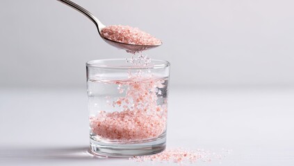 Pink mineral crystals pour from a spoon into a clear glass of water