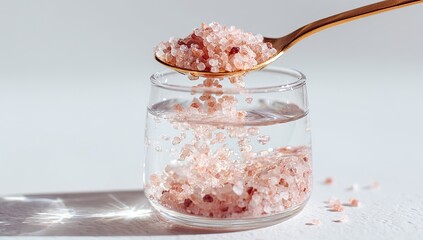 Pink crystalline salt granules are dropped from a gold spoon into clear liquid in a glass