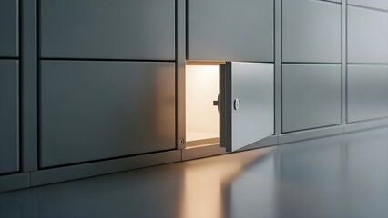 Clean Locker for Documents. Small matte steel document locker slightly ajar with soft glow inside.