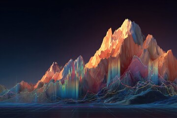 Abstract, glowing mountain peaks rise from a digital grid with colorful data streams