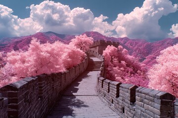 Ancient stone wall winds through mountains with vibrant pink foliage and dramatic clouds