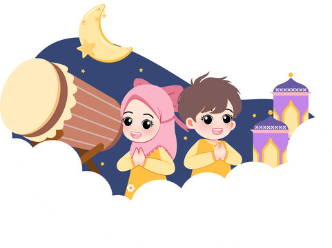 Children salama gesture under the night sky with moon and mosque illustrations. greeting ramadan and eid mubarak