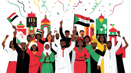 Diverse group of people celebrating with Sudanese flags and traditional clothing in a colorful festive scene with confetti.