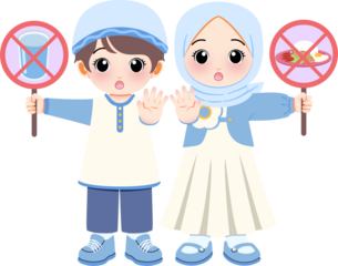 Children holding signs to refuse food and drink. fasting or diet concept