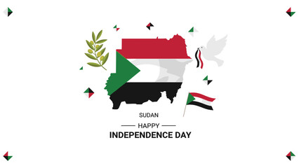 Graphic illustration of Sudan map with flag and Independence Day message on white background with confetti