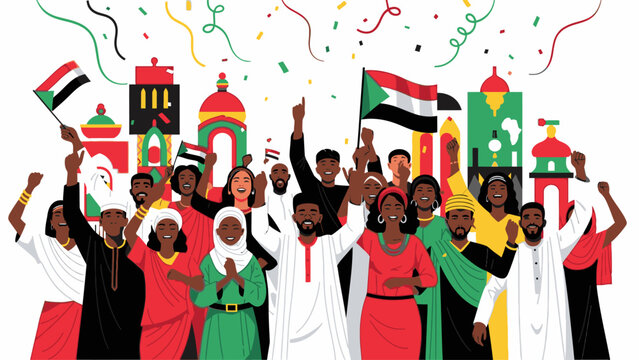 Diverse group of people celebrating with Sudanese flags and traditional clothing in a colorful festive scene with confetti.