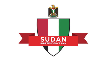 Graphic design of a shield with the Sudanese flag and a red banner reading 'Sudan Independence Day' on a white background.
