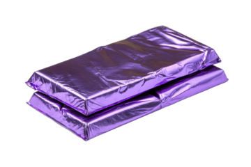 Two rectangular chocolate bars wrapped in shiny purple foil