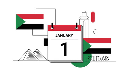 Illustration of a calendar page for January 1st with Sudanese flag and cultural icons on a white background.