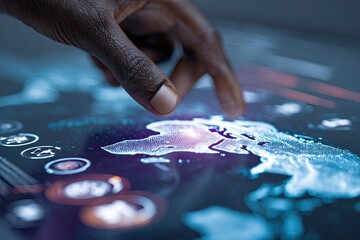 Fingers interact with a glowing digital map on a dark interface