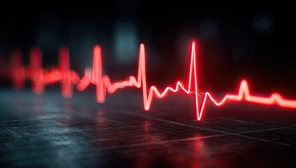 Bright red pulse wave graphic on a dark, textured surface, representing life