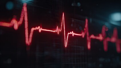 A vibrant red cardiogram pulse line on a dark, blurred digital interface screen