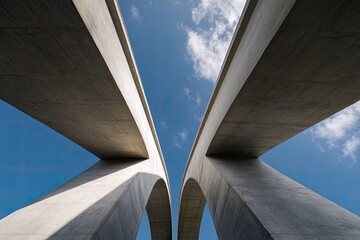 Two massive concrete viaducts curve upwards against a bright blue sky