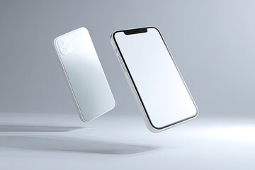 Two sleek, white smartphones float against a neutral gray background