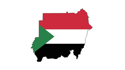 Illustration of the Sudanese flag superimposed over a map of Sudan on a white background with bold colors.