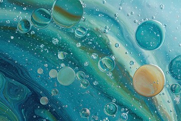 Swirling abstract of colorful liquids and floating bubbles