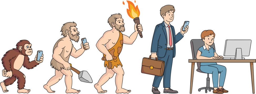 Human evolution from ape to modern tech user with smartphone, caveman, businessman, computer desk, digital lifestyle, humorous concept art