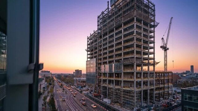 Urban Skyscraper Frame Under Construction at Sunset, Illuminating a City Highway with Modern Development