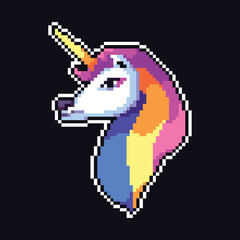 this is pixel art unicorn with colorful color and black background this item good for presentations,stickers, icons, t shirt design,game asset,logo and your project.