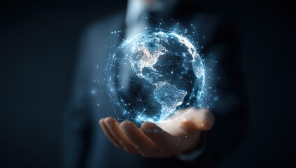 Hand holds glowing digital earth with interconnected nodes, representing global network