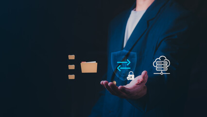 Secure and automated backup system, cloud storage and backup concept, cloud file storage and backup solution with encrypted privacy protection, and cybersecurity.