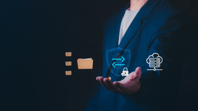 Secure and automated backup system, cloud storage and backup concept, cloud file storage and backup solution with encrypted privacy protection, and cybersecurity.