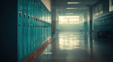 Long school hallway lined with teal lockers, bathed in soft, hazy light