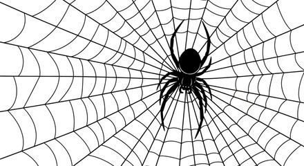 A creepy black spider with eight legs is prominently featured on an intricate, circular white spiderweb, presented as a minimalist vector illustration.